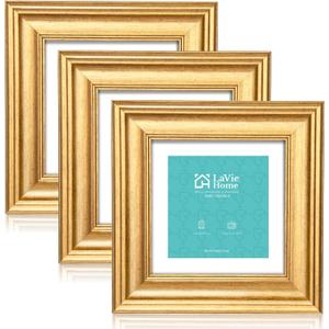 LaVie Home 6x6 Picture Frames (3 Pack, Gold) with Mat for 4x4 Photos Rustic Wood Grain Photo Frame with High Definition Glass for Wall Mount & Table Top Display, Set of 3 Square Frame