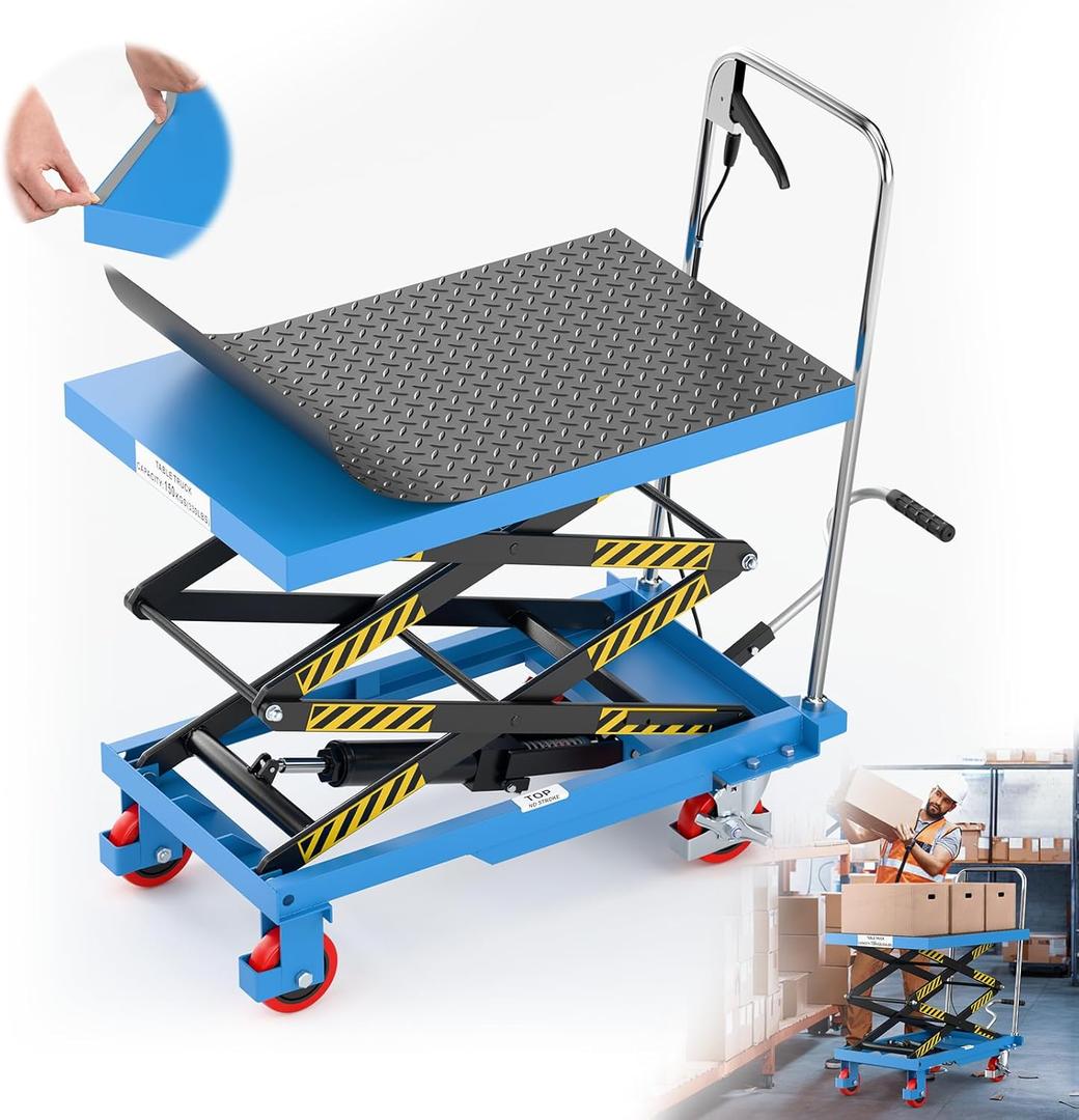Hydraulic Lift Table Cart, Double Scissor Lift, 330 Lbs Capacity, 50" Height with Non-Slip Pad, 4 Safety Bumper PU Wheels, Ideal for Home, Garage, Supermarket, Factory, Warehouse, Construction