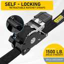 AUGO Self-Locking Retractable Ratchet Straps | 4 Heavy Duty Self-Tensioning Retractable Tie Down Straps with Soft Loops & Storage Bag | for Motorcycle, Truck, Cargo | 1500Lb Break Strength 1 x 12 (Black)