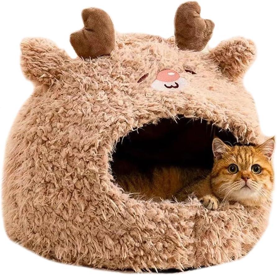 Cat Bed for Indoor Cats Large Cat Bed Cave Durable Cat Tent Bed with Removable Washable Cushion for Pet Cats and Dogs (Deer Style, L (20.9 X 20.9 X 15.7 Inch))