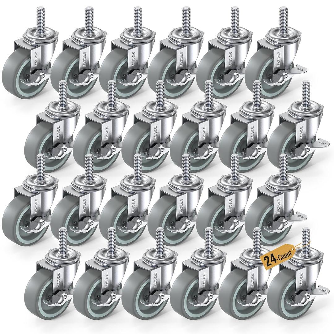 HOLKIE Caster Wheels 3 inch Locking Casters Set of 24, Threaded Stem 3/8" -16 x 1-1/2" (Diameter 3/8", Length 1-1/2") Swivel Heavy Duty Castors Gray