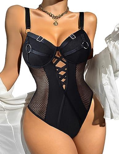 Avidlove Women Lingerie Bodysuit Mesh Teddy Underwire Lace Bodysuits One Piece Babydoll With Snap Crotch M Set of 2