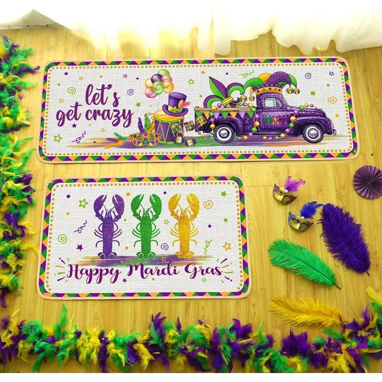 Suttmin 2 Pieces Mardi Gras Kitchen Rugs Happy Mardi Gras Mats Lobster Truck Purple Green Gold Mat Floor Rug for Home Holiday Decor, 17 x 29 Inches, 17 x 47 Inches