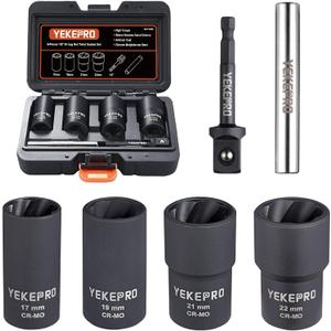 6 PCS Lug Nut Removal Tool, 1/2-inch Drive Impact Twist Socket Set & Bolt Extractor Set, 17,19,21,22MM Wheel Lock Removal Kit for Removing Damaged, Frozen, Rusted Nuts & Screws, Cr-Mo Steel