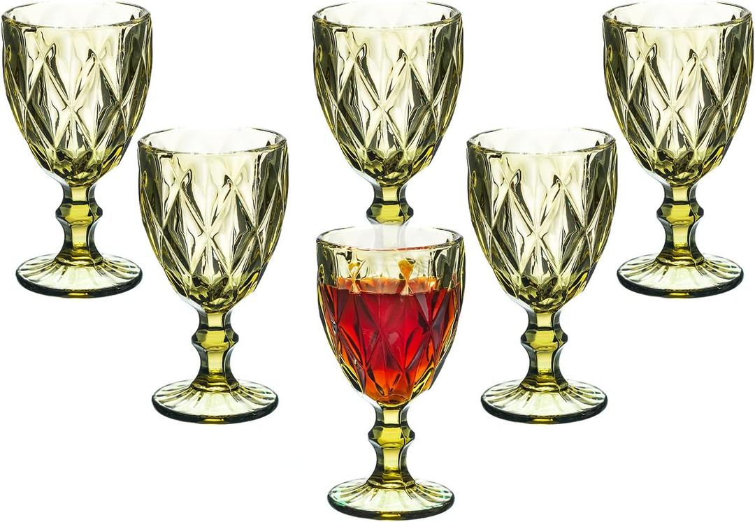 Vintage Wine Glasses Set of 6, 10 Ounce Colored Glass Water Goblets, Unique Embossed Pattern High Clear Stemmed Glassware Wedding Party Bar Glass Drinking Cups Fancy Wine Glasses Green