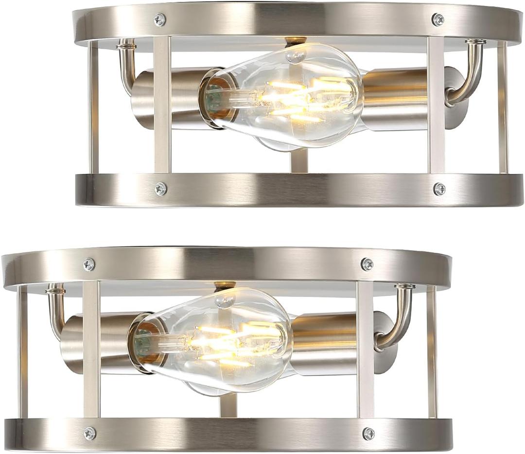 Farmhouse Semi Flush Mount Ceiling Light, Brushed Nickel 11inch 2-Light Metal Cage Light Fixture Ceiling Mount, Industrial Closed to Ceiling Mount Lamp, 2 Pack