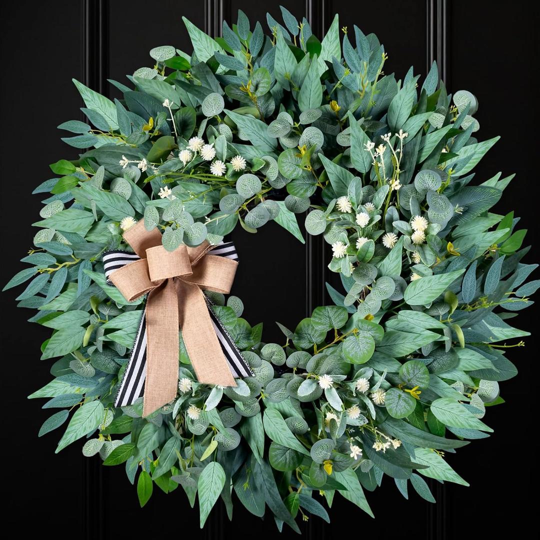 26'' Large Wreaths for Front Door Year Round, Spring Summer Artificial Green Eucalyptus Wreath with Buffalo Burlap Bow, Farmhouse Home Decor for Window Porch Holiday Housewarming