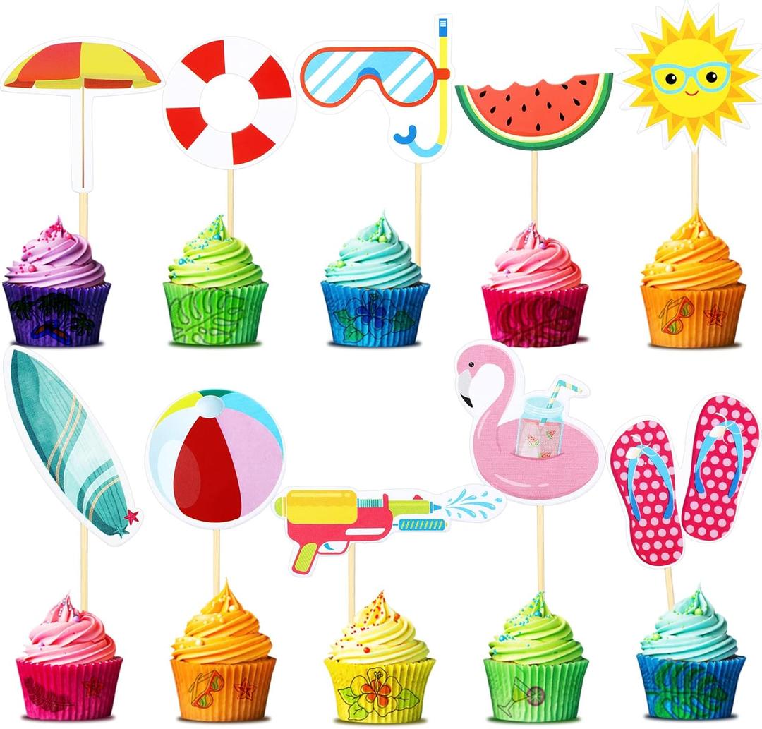 Epakh 100 Pcs Summer Beach Cupcake Toppers Pool Party Hawaiian Theme Cake Picks with Beach Ball Sun Umbrella Goggles Cake Decorations for Birthday Tropical Luau Party Supplies(Beach Style)
