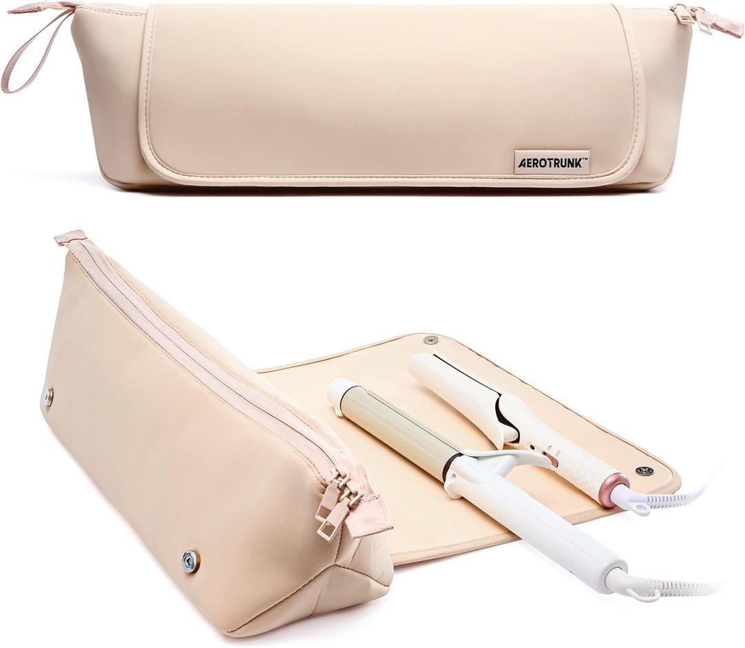 Aerotrunk Hair Tools Organizer - Hot Hair Tools Travel Bag with Heat Resistant Mat, Large Capacity Pouch for Flat Irons, Curling Wands, Hair Dryers - Beige