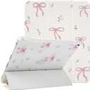 Lovmooful Compatible for iPad 5/6 (9.7-Inch,2018/2017 Model,6th/5th Generation) Case with Pencil Holder Cute Bowknot Ribbon Bow with Flower Floral Design Soft TPU Trifold Stand Protective-White&Pink