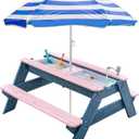 Kids 3-in-1 Sand & Water Table, Wood Outdoor Convertible Picnic Table w/Umbrella, 2 Trays, Removable Top with Faucet, Picnic Table for Outdoor (Pink/Navy)