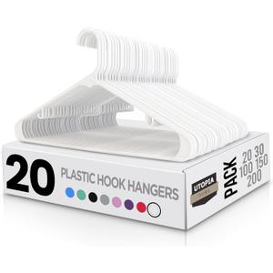 Utopia Home Plastic Hangers 20 Pack - Space Saving Clothes Hanger - Durable & Strong Closet Organizers and Storage with Built-in Strap Hooks - Essential for Shirts, Pants, Skirts & Coats (White)