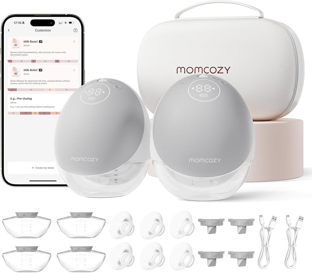 Momcozy Breast Pump Hands Free Upgraded Mobile Flow | M9, App Discreet Control with Personalized Multi-Modes & 15 Levels, Wearable Breast Pump 24mm (2 Pack, Gray)