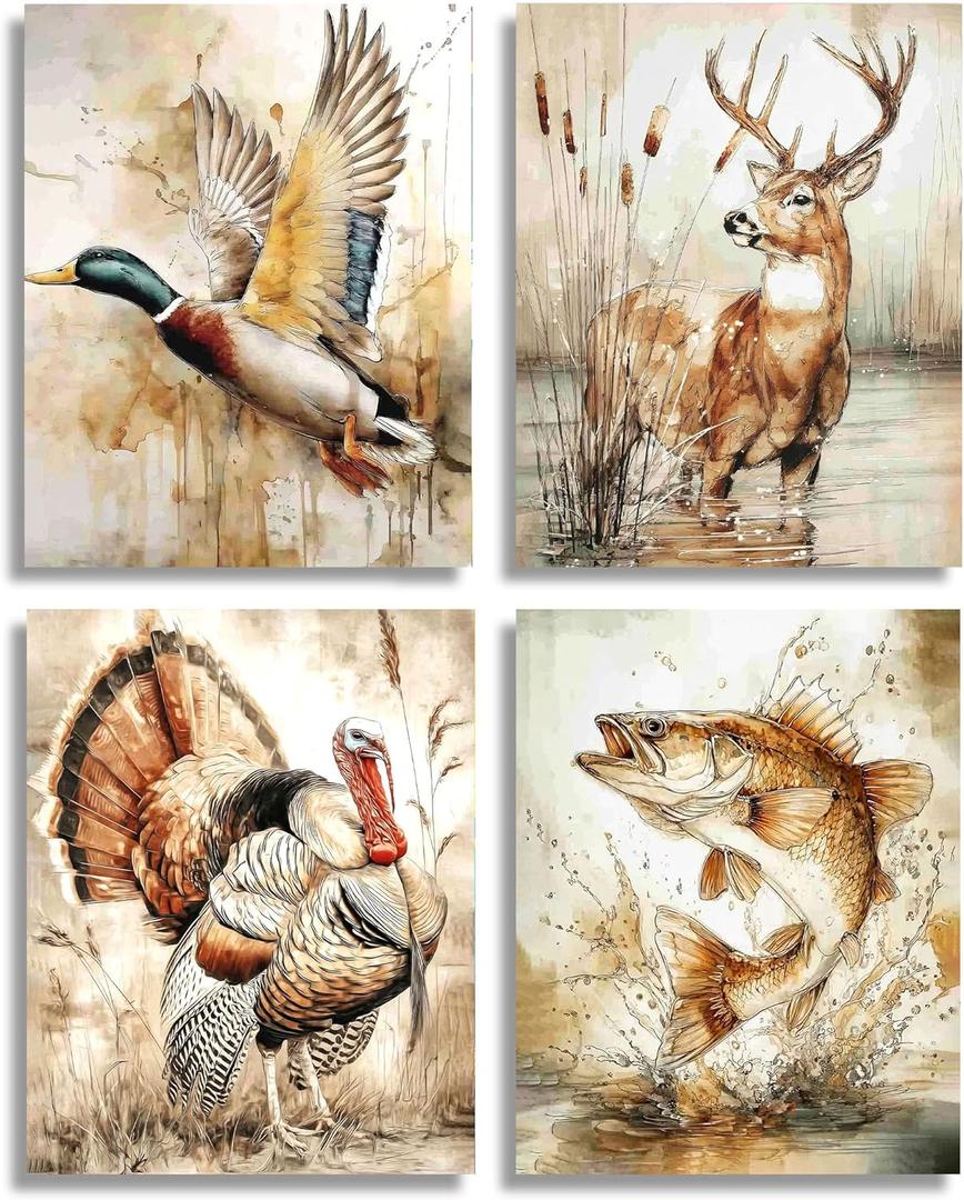 Frimeeme Kids Nursery Hunting Art Prints,Turkey Prints Wall Art,Unframed 8x10 Inches - Duck Deer Turkey Fish Wildlife Theme Prints for Lodge/Cabin/Man Cave