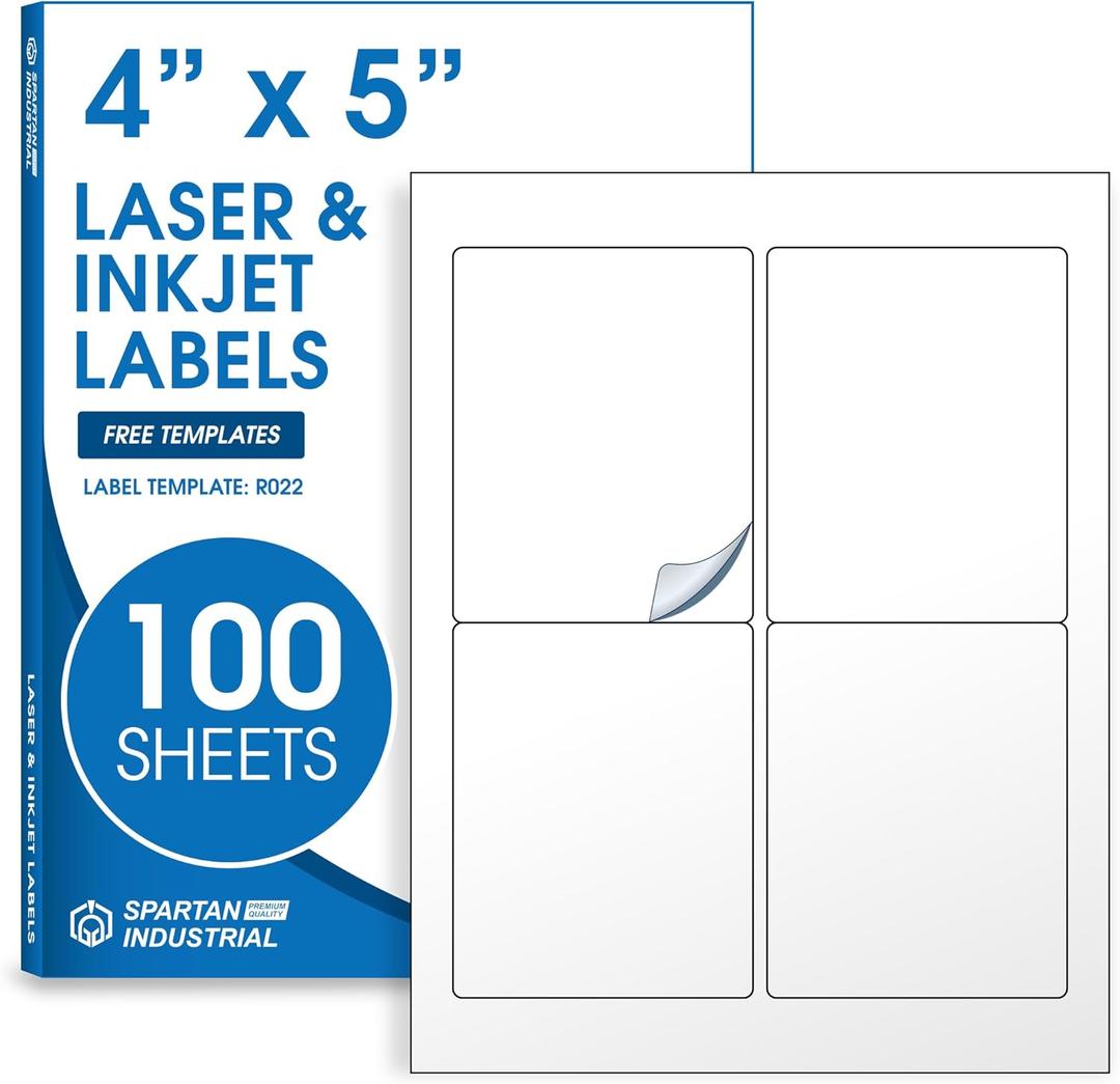 4" X 5" Matte White Printable Labels for Inkjet and Laser Printers - 100 Sheets, 400 Custom Stickers for Shipping Labels, Address Stickers, Organization - Spartan Industrial Template R022