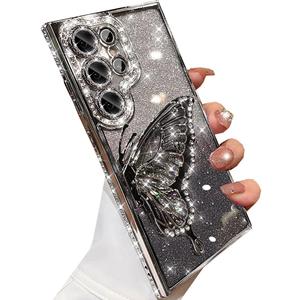 for Samsung Galaxy S25 Ultra Glitter 3D Butterfly Case,Cute Luxury Bling Sparkly Diamond Rhinestone Liquid Flowing Case with Camera Lens Protector Women Girls Case for Galaxy S25 Ultra,Silver