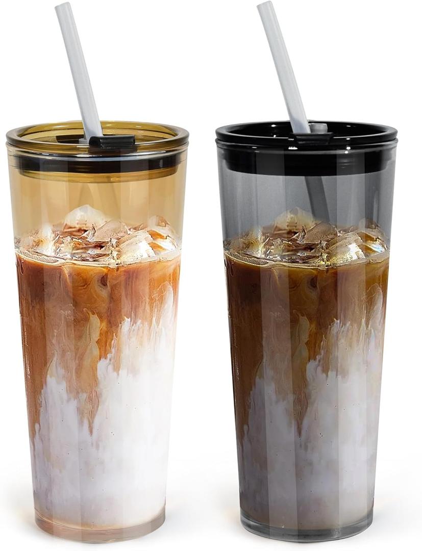 24oz Drinking Glasses Cups Set of 2 Leak Proof Iced Coffee Glass Tumbler with Lid Straw Glassware for Juice Coffee Smoothie Boba Tea(Gray & Amber)