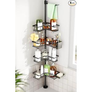 Adjustable Tension Pole Shower Caddy: Rustproof Corner Bathroom Organizer 4-Tier 31-124" No Drill Standing Shelves Fits Apartments Rentals Bathroom Bathtub, for Shampoo, Conditioner, Bath Essentials, Item Shape: L-Shape