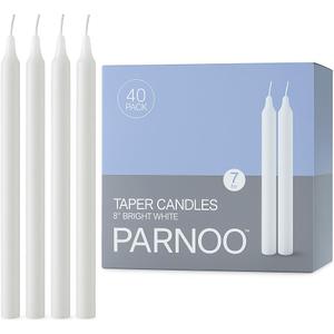 PARNOO 8" White Tapered Candles, 40 Pcs  7-Hour Long Burn Time, Dripless & No Soot, Unscented Taper - Hand-Dipped Tall Candles for Weddings, Dinners, Parties, & Special Occasions