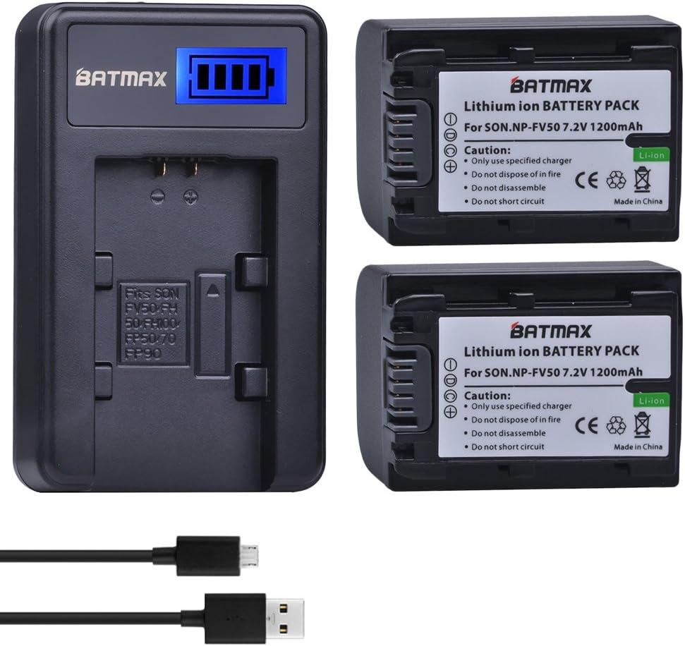 Batmax 2 Packs Battery + LCD Charger for Sony NP-FV30,NP-FV40,NP-FV50 Batteries;Sony FDR-AX53 HDR-CX230 HDR-CX220 CX330 CX380 CX455 CX900 CX430V TD30V FDR-AX100 Handycam Camcorder and More