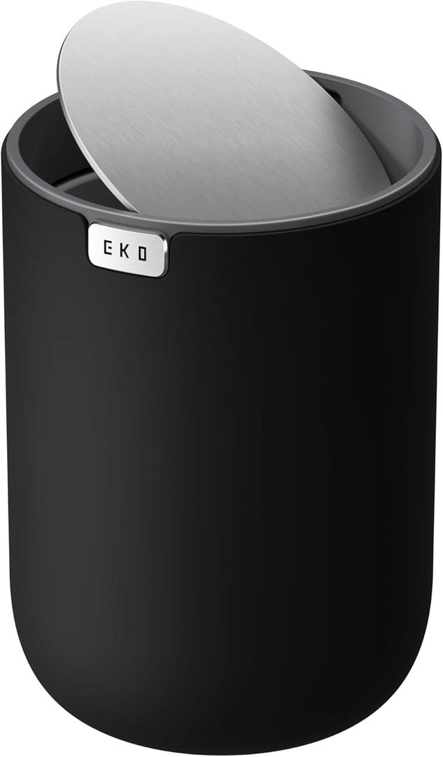 EKO Fandy 0.58 Gal/2.2L Mini Trash Can with Lid, Swing-Top Desktop Trash Can for Bathroom, Countertop, Vanity, Desk or Office, Small Garbage Bin (Black)