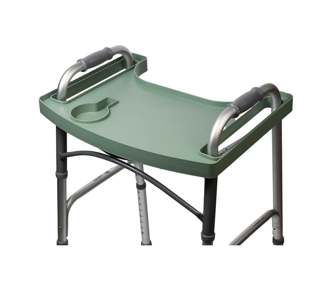 Sigo Green Walker Tray for Rolling Folding Walker, Tray Table with Cup Holder for Standard Walkers Seniors, Detachable Non Slip TV Accessories Basket Holding Plate Cups Clip On Small Bag Carrier, Green