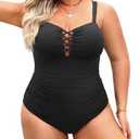 Women Plus Size One Piece Swimsuit - Tummy Control Bathing Suits Ruched Lace up Swimwear Bandeau Retro Swimsuits 2025 ( 14 Plus, Black )