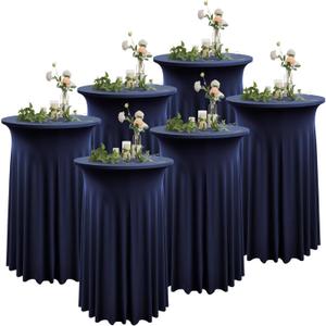6 Pack Round High Top Navy Blue Spandex Cocktail Tablecloth - 36x43 inch, Stretch Wrinkle Free, Ideal for Cocktail Party, Bar, Wedding & Baby Shower