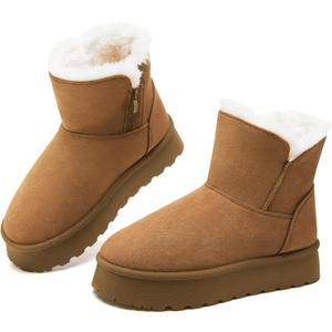 THATXUAOV Womens Ankle Winter Boots, Anti-Slip Suede Mini Boot For Women,Side Zipper Platform Slip On Snow Boots With Fur Lining(Chestnut,US8) 