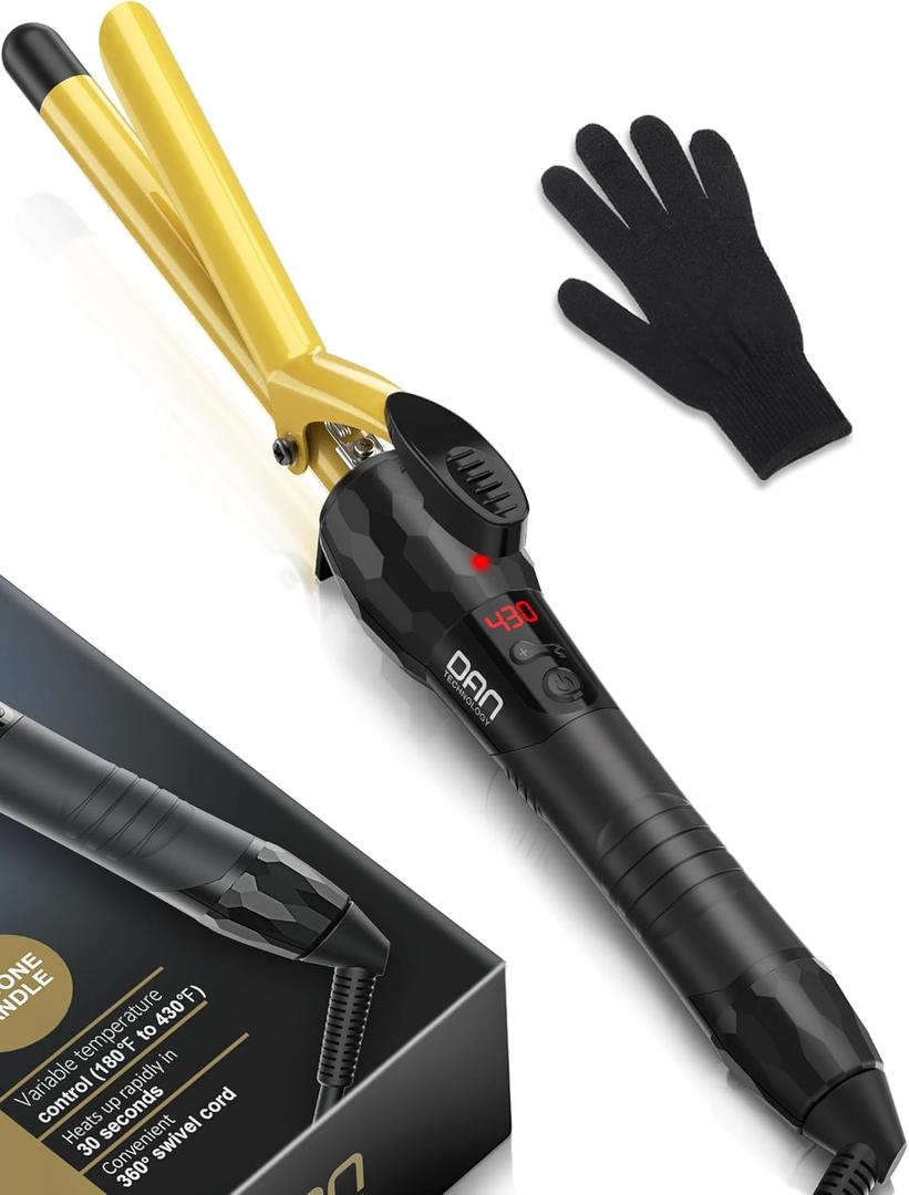 DAN Technology 5/8 Inch Curling Iron Wand, Tourmaline Ceramic Hair Curler with LCD Display (180F430F), Fast Heating, Dual Voltage, Auto Shut-Off, Black & Gold