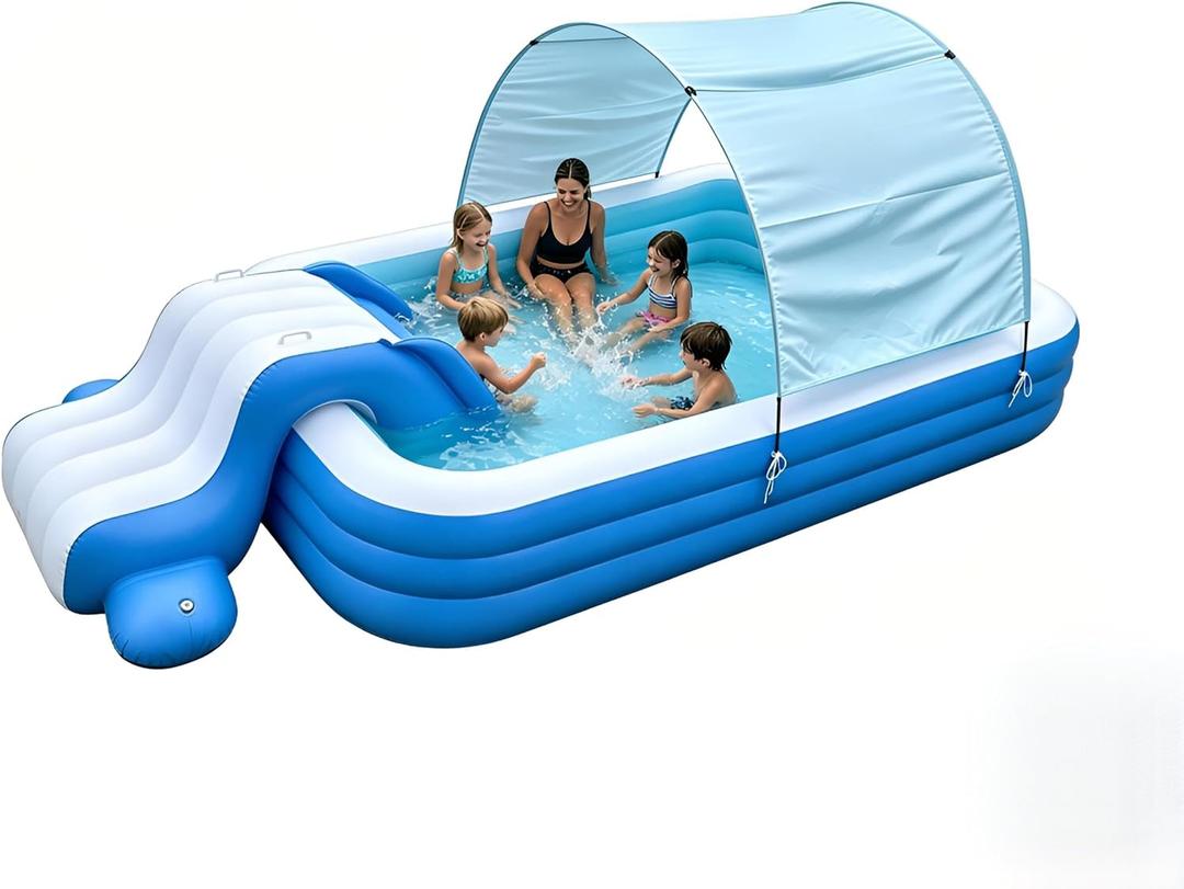 8 FT Inflatable Pool with Water Slide & UV Protection Canopy, 98x55x21 Inch Family Blow Up Pool for Toddlers and Kids, Thickened PVC Kiddie Pool for Backyard Small Space Summer Water Fun