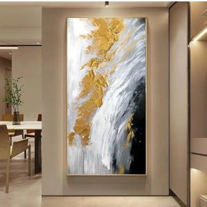 Hand-Painted Gold Abstract Oil Painting on Canvas for Entrance-Hall, Framed White and Black Wall Art for Living Room,Large Wall Picture for Bedroom Kitchen Home Decoration 24x48inch (24L" x 48W", Artwork-WKF-203)