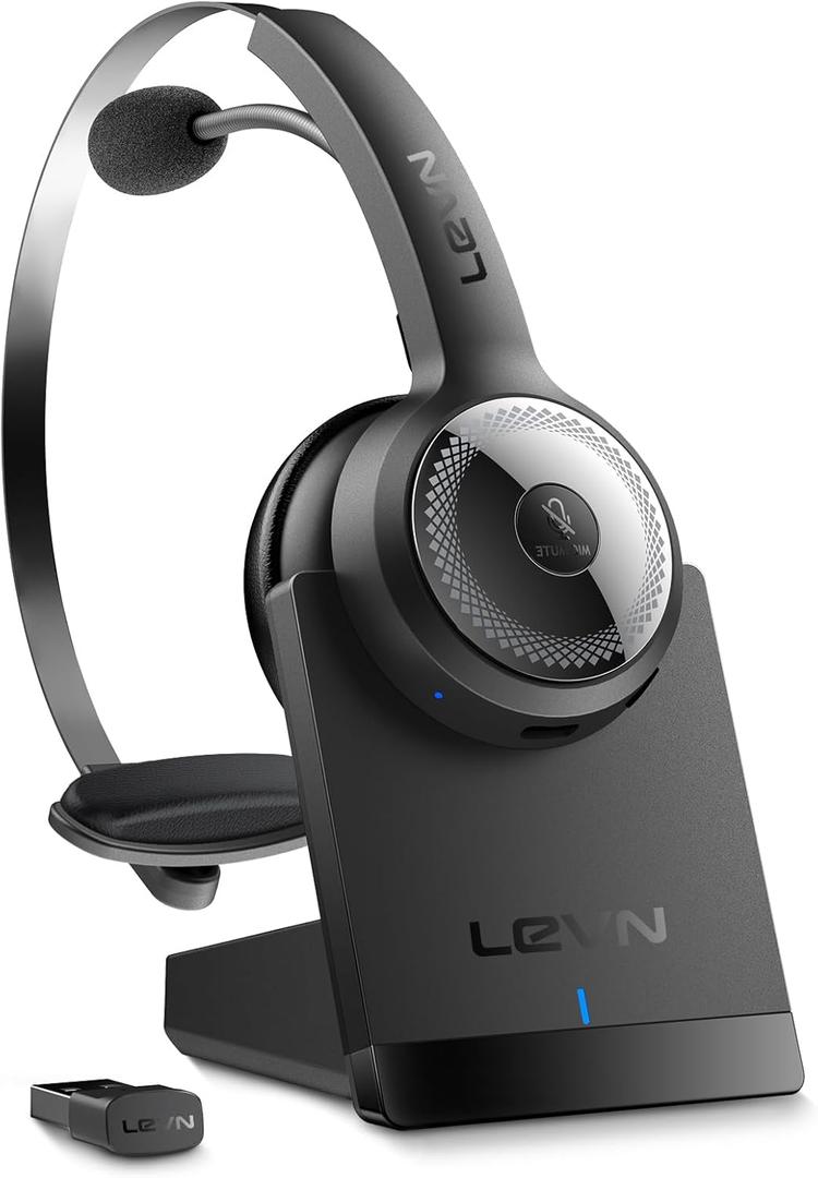 LEVN Wireless Headset with Mic for Work, Wireless Headset (Charging Base, Noise Cancelling & Mute Button), Long Battery Life, Bluetooth Headsets for Home/Office/Call Center/Laptop/Teams/Zoom, Black