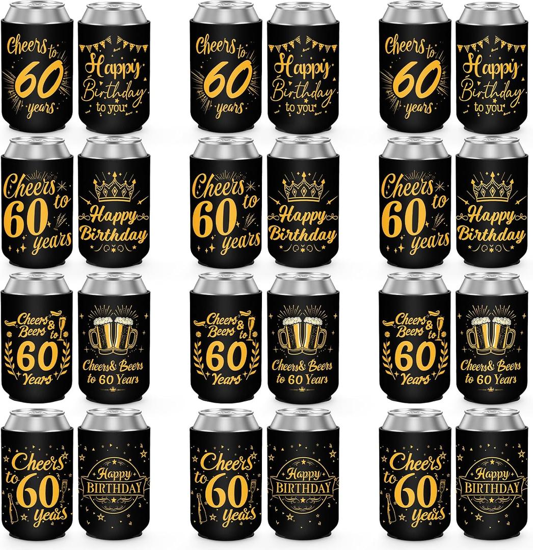 60th Birthday Decorations for Men Women, 60th Birthday Party Supplies, 60th Birthday Neoprene Can Cooler Sleeves Pack of 12, Black Gold Sixty Year Old Birthday Party Favors