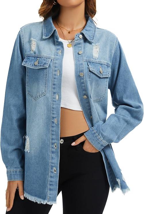 Women's Oversized Jean Jacket Casual Long Sleeve Denim Shirts Distressed Frayed Hem Denim Shacket M