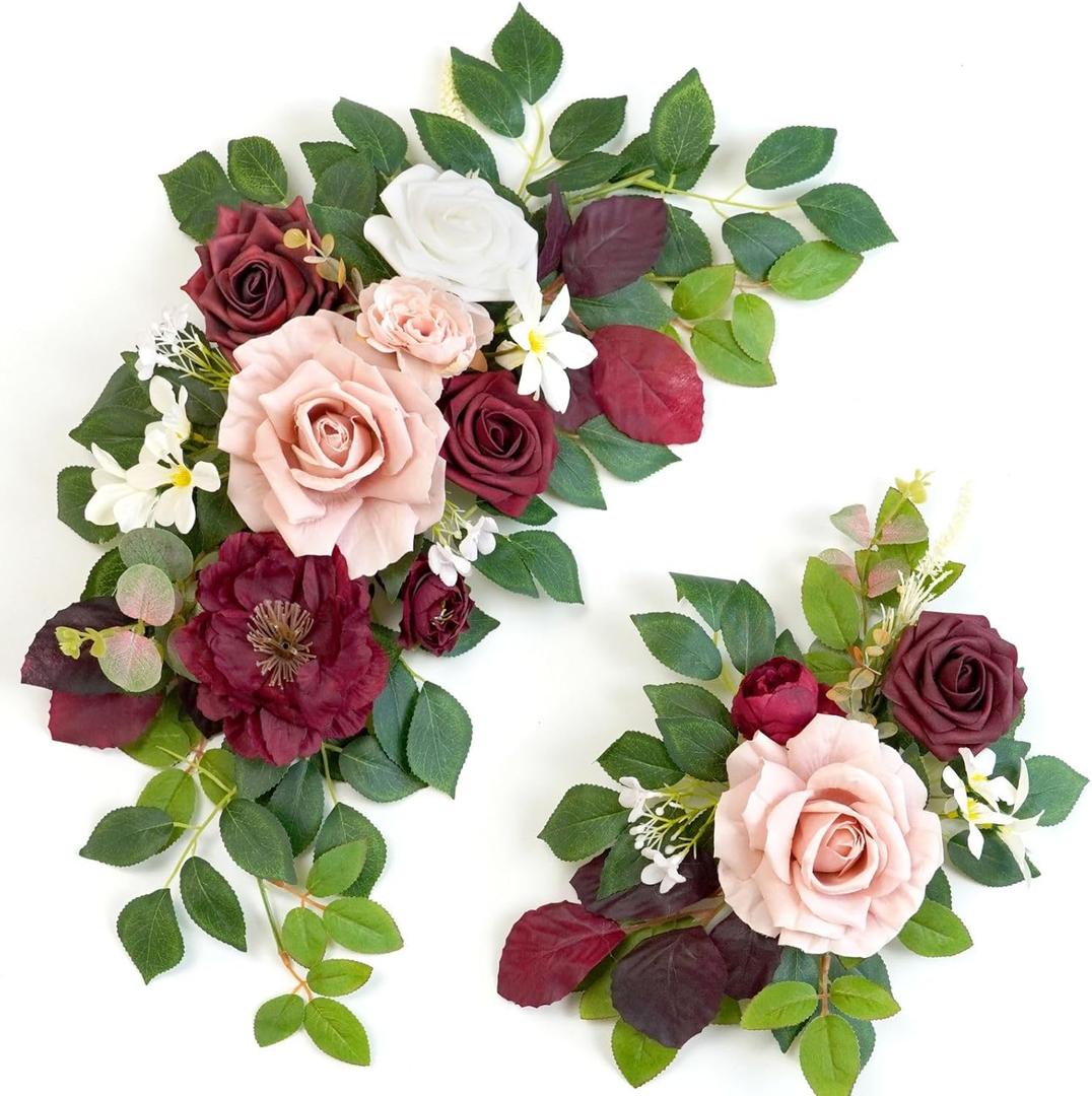 Piklado Wedding Decor (Pack of 2) Welcome Sign Flower Backdrop Garland for Ceremony Reception Wall Easel Home Decoration Entryway Faux Outdoor Board Head Table Decor (Burgundy & Dusty Rose)