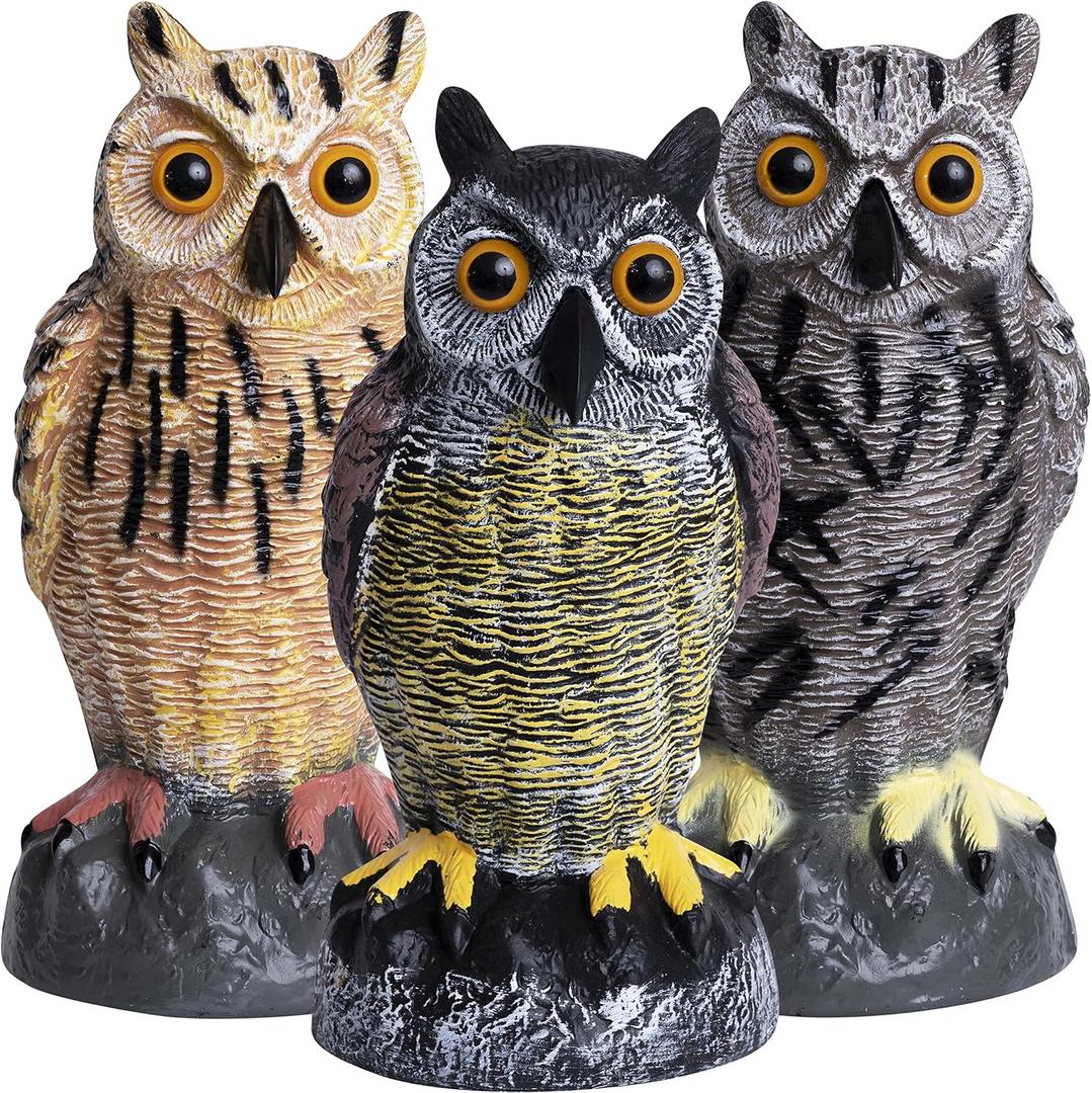 Plastic Owl Decoys [Set of 3] - Multicolor Owl Statues for Garden & Outdoors, Scare Birds Away, Realistic Design with Reflective Eyes, Weather Resistant