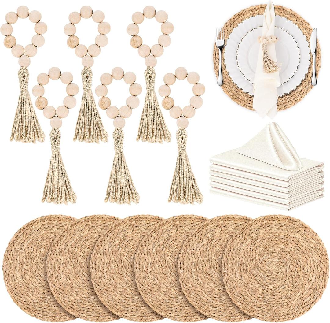 18 Pcs Boho Woven Placemats, Wood Bead Napkin Rings, and Dinner Cloth Napkins Set, 13" Handmade Round Wicker Farmhouse Rustic Placemats, Rattan Chargers for Dinner Plates for Thanksgiving Table Decor