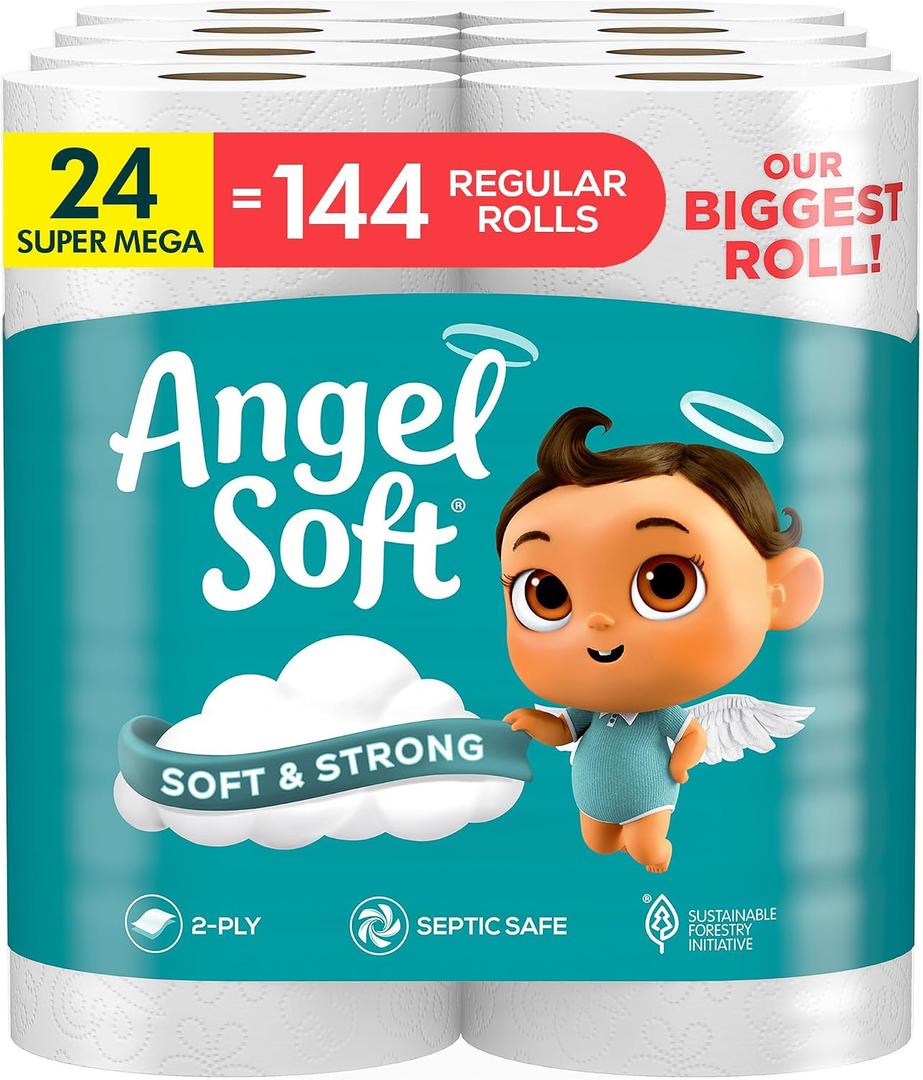 Angel Soft Toilet Paper, 24 Super Mega Rolls = 144 Regular Rolls, Soft and Strong Toilet Tissue, 480 Sheet