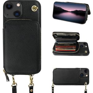 Bocasal Crossbody Wallet Case for iPhone 14 iPhone 13, RFID Blocking Leather Purse Case with Card Holder, Protective Handbag Flip Cover with Zipper Wrist Strap Lanyard for Women 5G 6.1 Inch (Black)