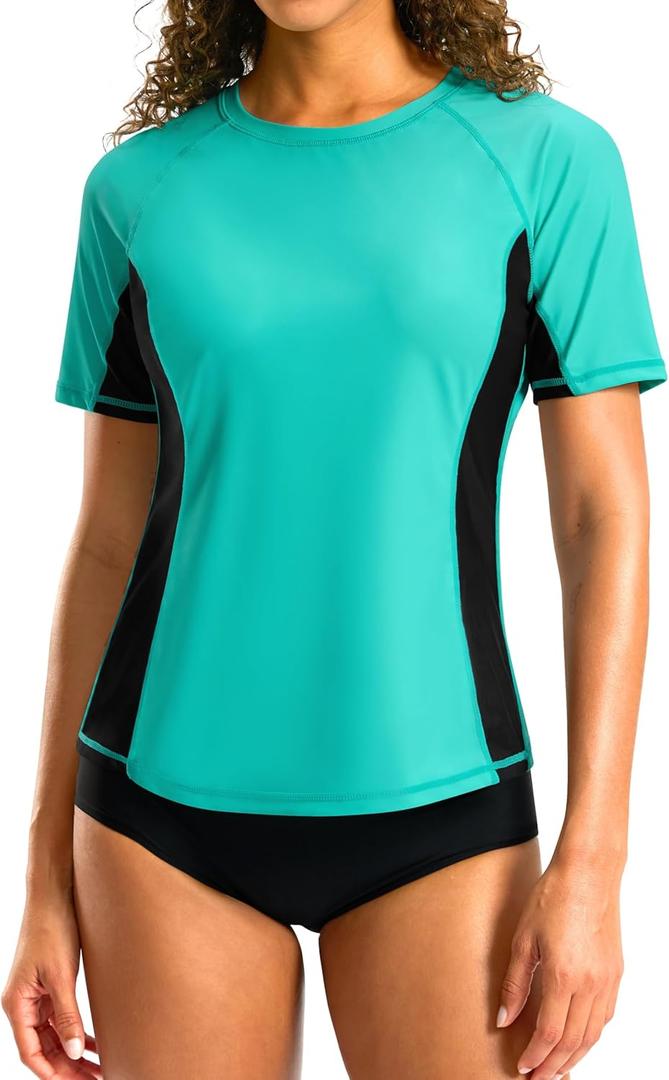 SANTINY Rash Guard for Women UPF 50+ Bathing Suit Sun Protection Short Sleeve Swimsuit Top Quick Dry Swim Shirts for Women, Aqua Black Navy XL