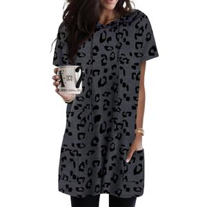 KISSMODA Woman Lightweight Dress with Hood Short Sleeve Summer Loose Pullovers with Pockets Long Tunics Top for Leggings (Medium, B-grayleopard)