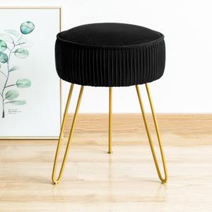 LUE BONA Pleated Vanity Stool, Velvet Upholstered Vanity Stool for Makeup Room, Ottoman Footrest with Metal Legs for Living Room, Bedroom, Black