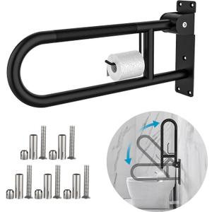Toilet Grab Bar 22.4 Inch Black, Munzong Anti-Slip Handicap Grab Bars with Paper Holder, Flip-Up Bathroom Safety Rails, Stainless Steel Knurled Support handrails for Seniors Elderly Disabled Pregnant