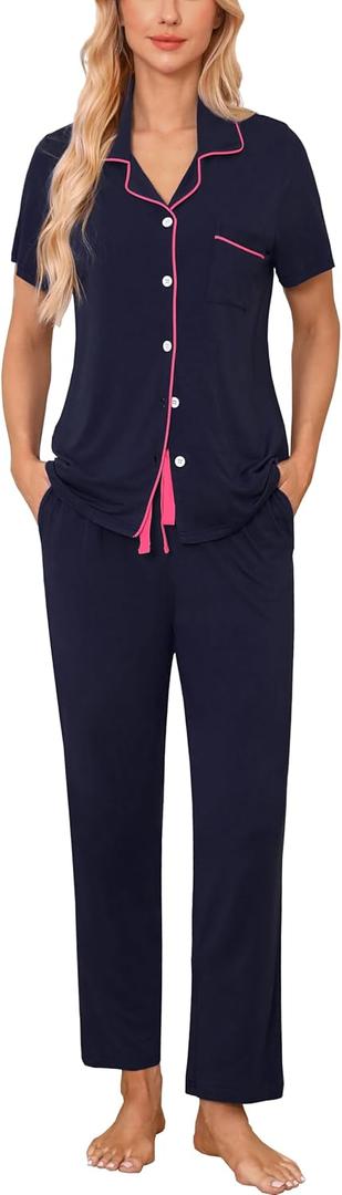 Samring Women Pajamas Sets 2 Piece Short Sleeve Soft Sleepwear Pjs Lounge Set Button Down Nightwear with Long Pants (XX-Large, Navy Blue Rose)