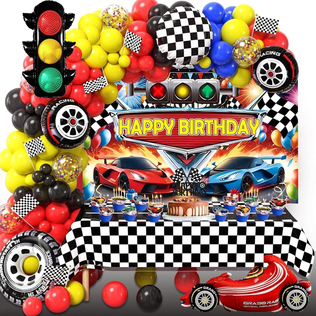 Cars Theme Birthday Party Decorations Set Including Race Car Backdrop, Balloon Garland, Tablecloth, Cake topper