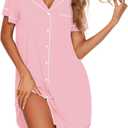 Ekouaer Nightgowns for Women Button Down Sleep Shirt V Neck Pajama Dress Boyfriend Nightshirt Sleepwear Pink Small