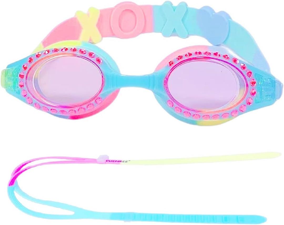 Girls Swimming Goggles Ages 4-12 - No Leak, Anti-Fog, UV Protection, Easy to Adjust, Non Slip - with Travel Case (02: Clear Lens W/ Rainbow)