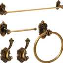 Zonon 5 Pieces Antique Brass Bathroom Hardware Accessories Set Vintage Towel Rack Toilet Paper Holder Towel Ring Robe Hook Wall Mounted for Bathroom Toilet Kitchen(Classic)