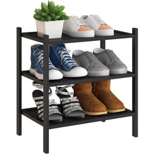 BMOSU 3-Tier Bamboo Small Shoe Rack Premium Stackable Shoe Shelf Storage Organizer for Hallway Closet Living Room Entryway Organizer(Black)